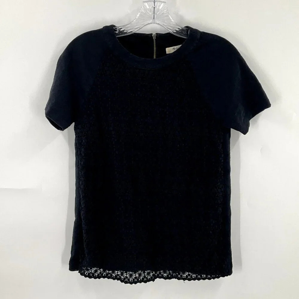 Madewell Top Women XS Dark Black Embroidered Lined Short Sleeve Zip Blouse